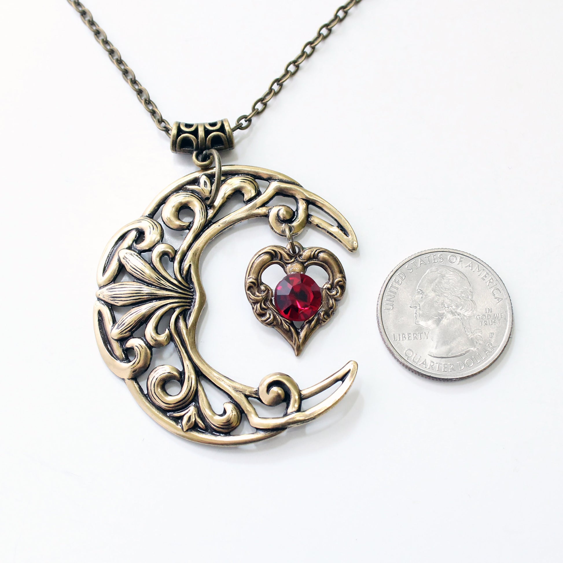 Vintage Brass Crescent Moon Pendant Necklace with Red Swarovski Crystal on Heart