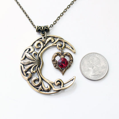 Vintage Brass Crescent Moon Pendant Necklace with Red Swarovski Crystal on Heart