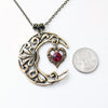 Vintage Brass Crescent Moon Pendant Necklace with Red Swarovski Crystal on Heart