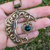 Vintage Brass Crescent Moon Pendant Necklace with Emerald Swarovski Crystal on Heart
