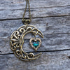 Vintage Brass Crescent Moon Pendant Necklace with Emerald Swarovski Crystal on Heart