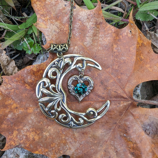 Vintage Brass Crescent Moon Pendant Necklace with Emerald Swarovski Crystal on Heart