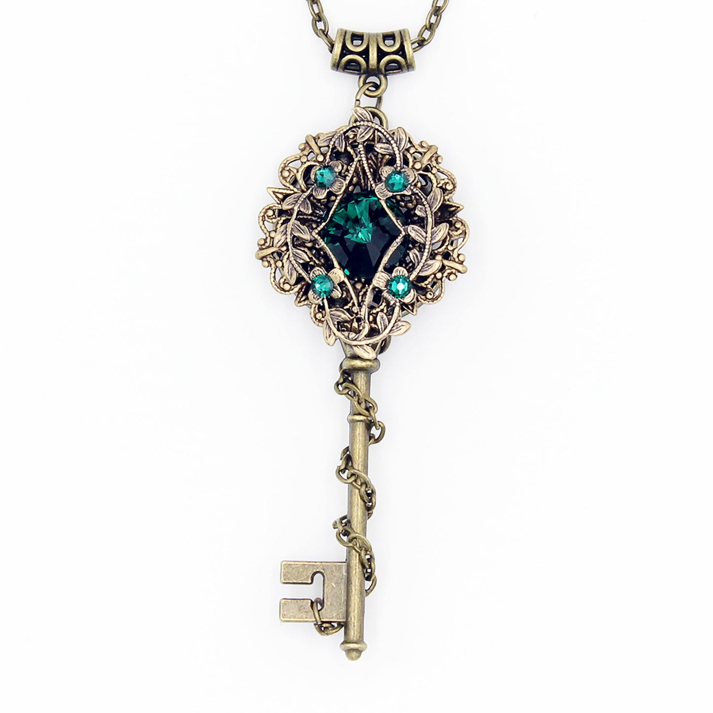 Bronze Elven Fantasy Key Necklace Jewelry made with Emerald Swarovski Crystals.   Mayfair Witches inspired magical jewelry.