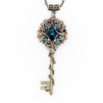 Bronze Elven Fantasy Key Necklace Jewelry made with Emerald Swarovski Crystals.   Mayfair Witches inspired magical jewelry.