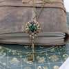 Bronze Elven Fantasy Key Necklace Jewelry made with Emerald Swarovski Crystals.   Mayfair Witches inspired magical jewelry.
