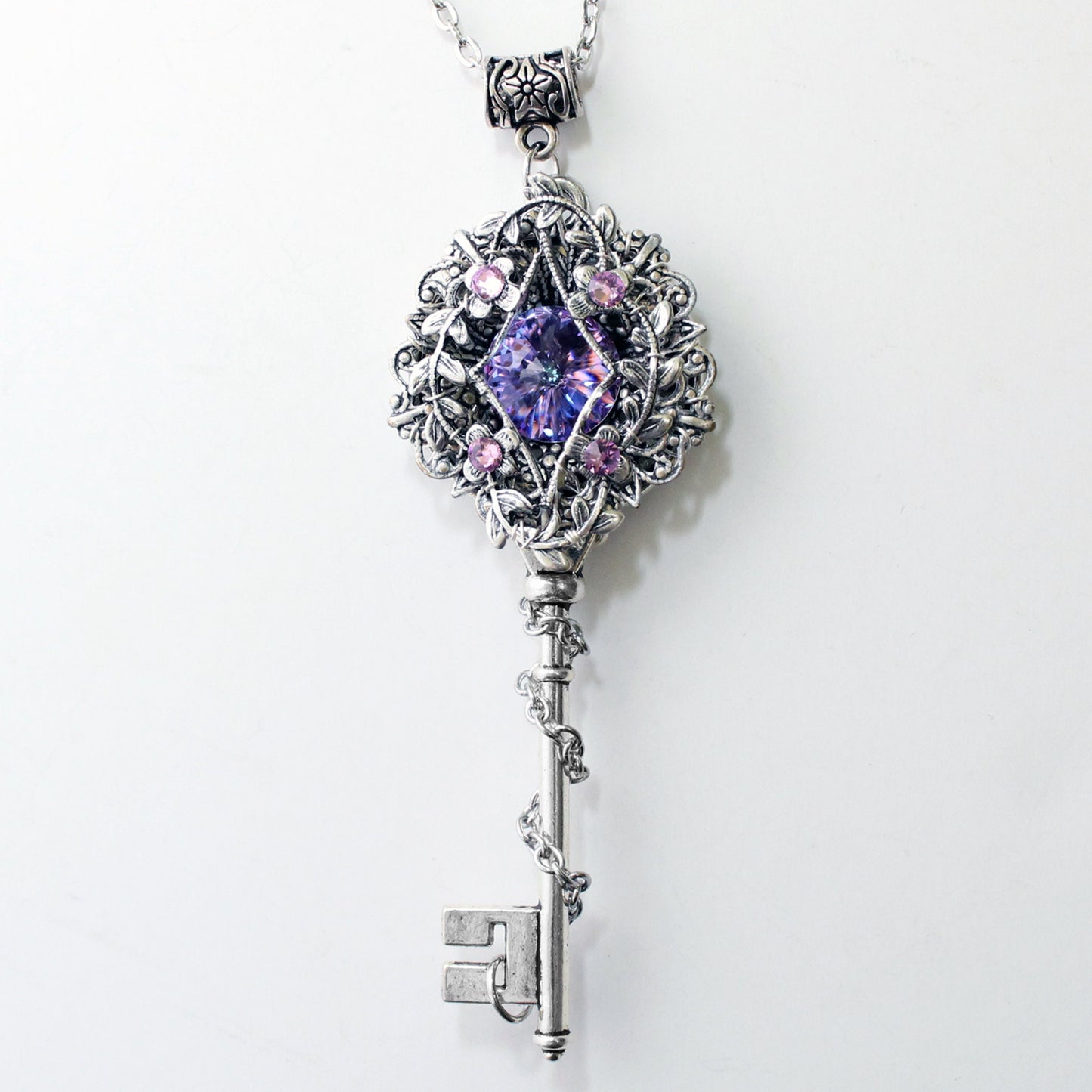 Fantasy floral sterling silver elven key necklace made with Swarovski crystals.  Elven jewelry.