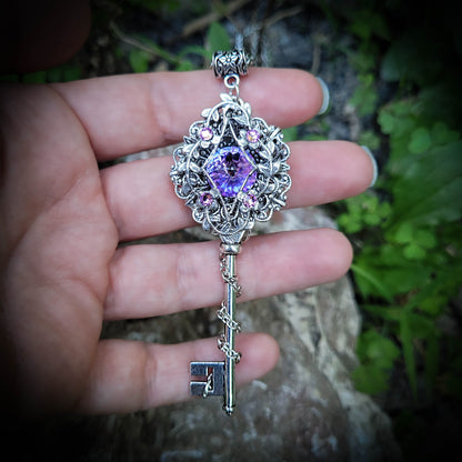 Fantasy floral sterling silver elven key necklace made with Swarovski crystals.  Elven jewelry. Fantasy Jewelry.  Magical Jewelry