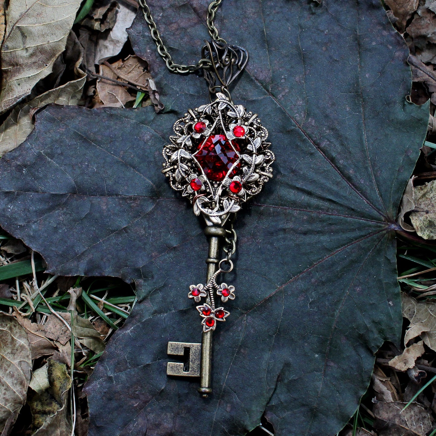 Vintage Elven floral bronze fantasy key necklace made with Scarlet Swarovski crystals.  Fantasy jewelry.  Magical Jewelry. Fairy Fairy, Handmade jewelry