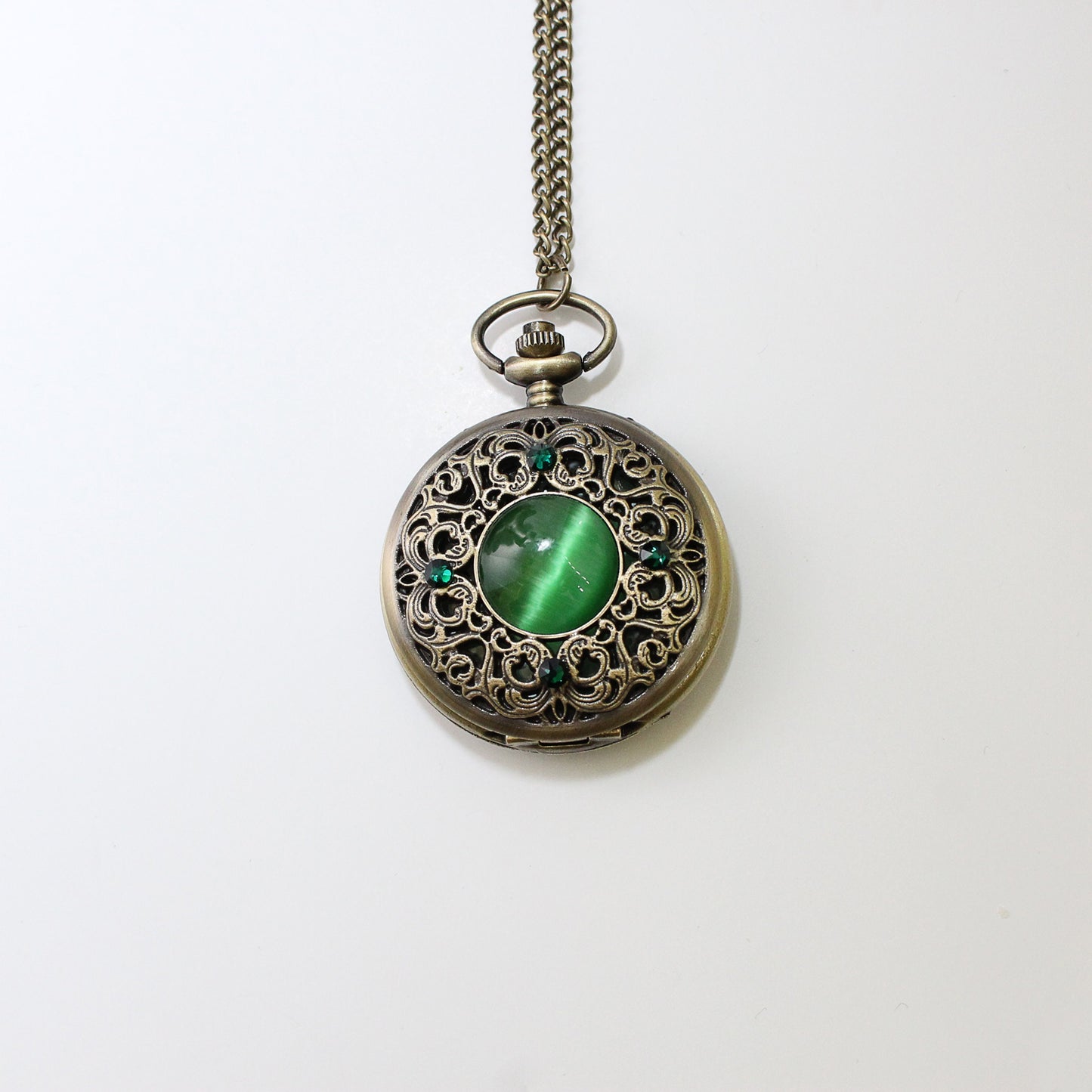 Vintage Quartz Pocket Watch Necklace with Emerald Swarovski Rhinestones.