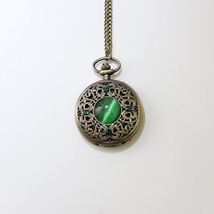 Vintage Quartz Pocket Watch Necklace with Emerald Swarovski Rhinestones.