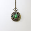 Vintage Quartz Pocket Watch Necklace with Emerald Swarovski Rhinestones.