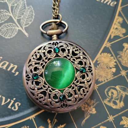 Vintage Quartz Pocket Watch Necklace with Emerald Swarovski Rhinestones.