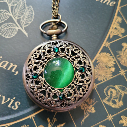 Vintage Quartz Pocket Watch Necklace with Emerald Swarovski Rhinestones.