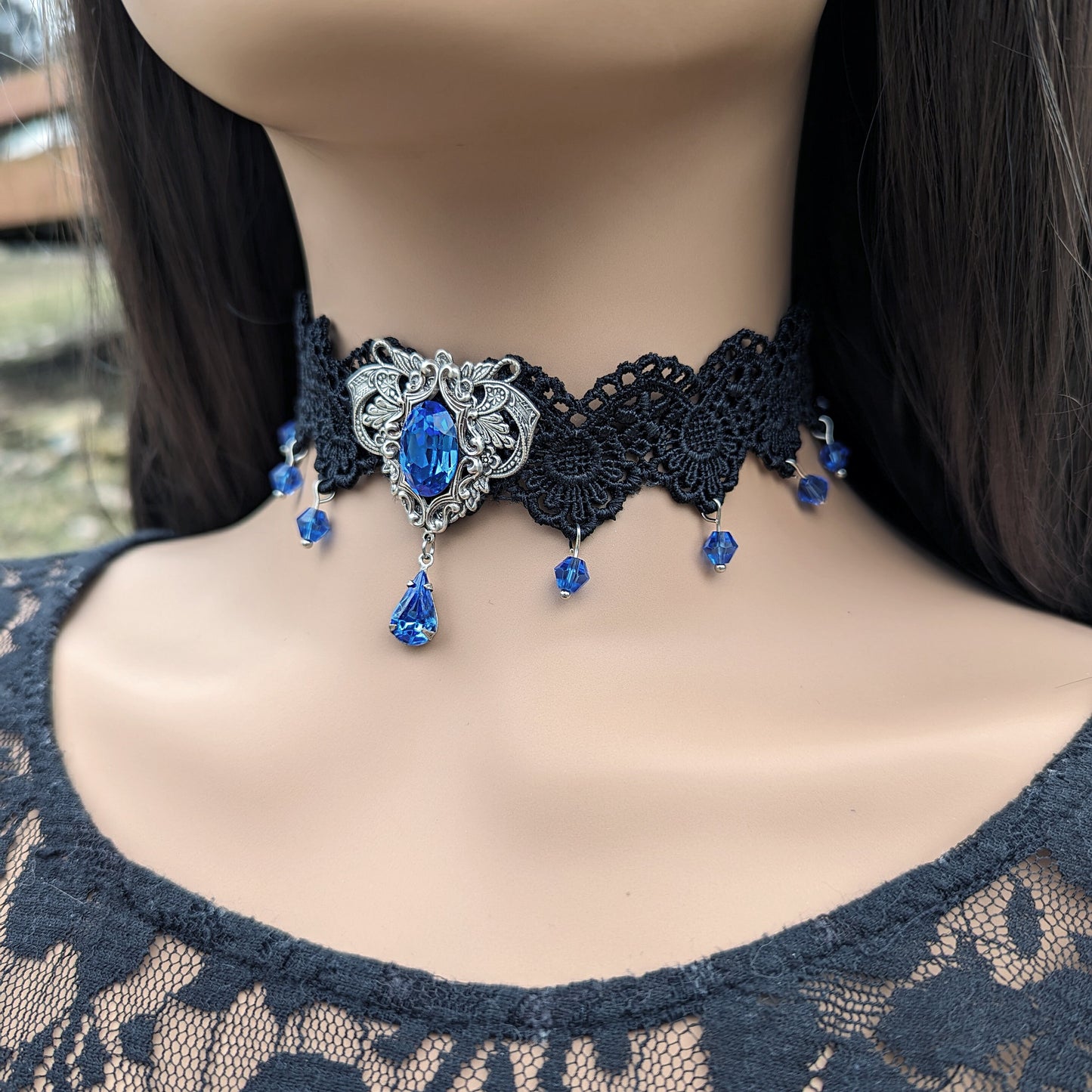 Vintage Sapphire Choker Necklace made with Swarovski Crystals, Gothic Jewelry, Victorian Jewelry
