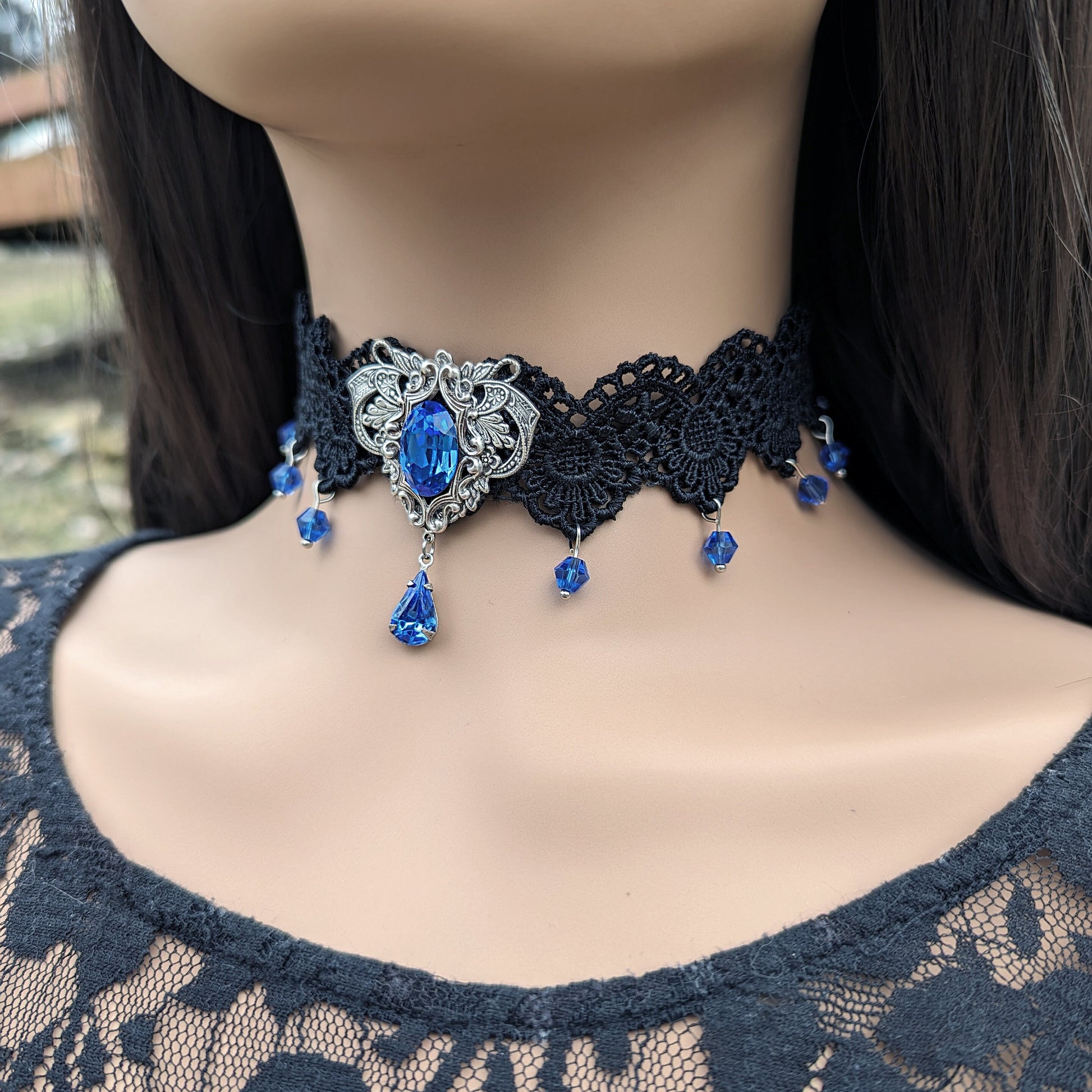 Vintage Sapphire Choker Necklace made with Swarovski Crystals, Gothic Jewelry, Victorian Jewelry