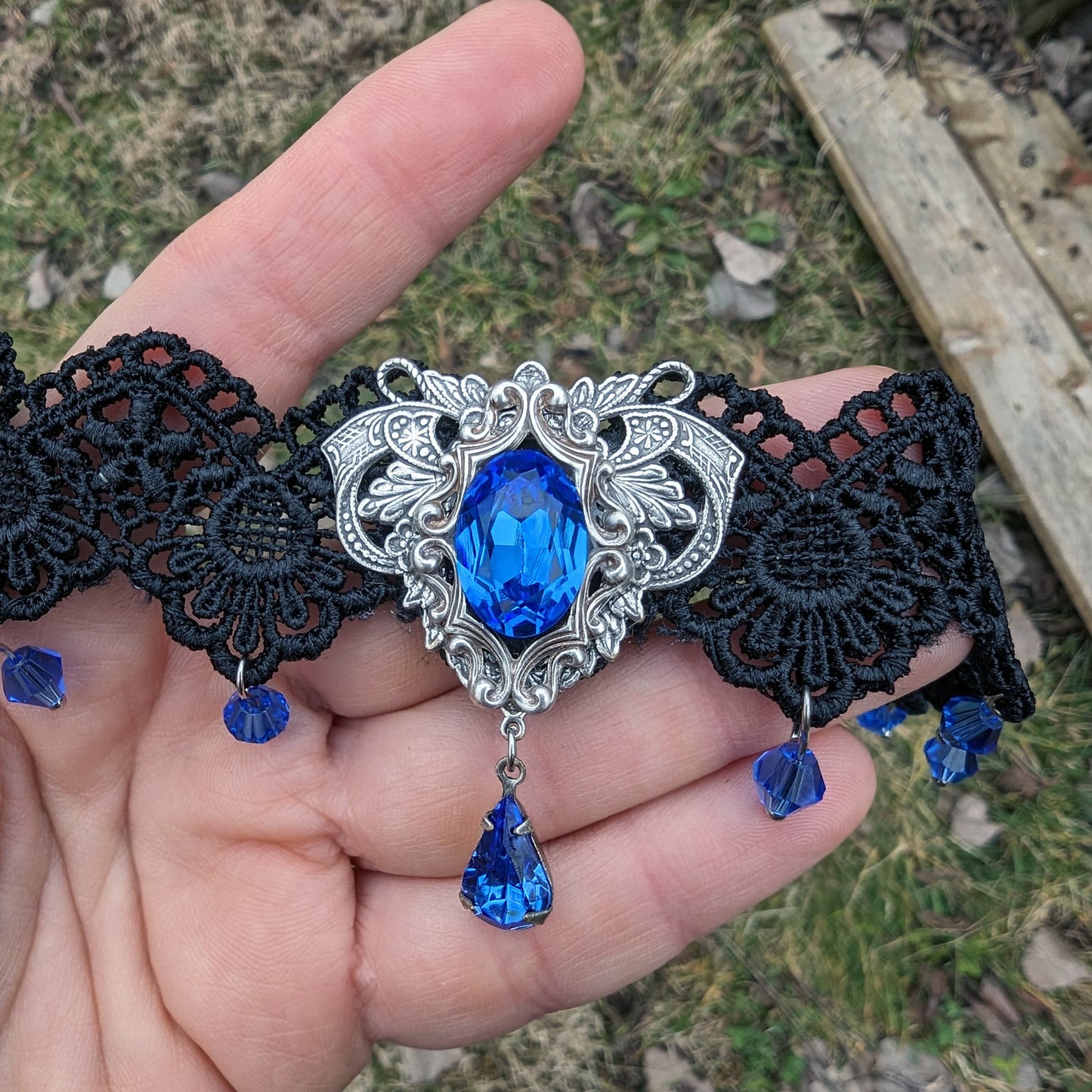Vintage Sapphire Choker Necklace made with Swarovski Crystals, Gothic Jewelry, Victorian Jewelry