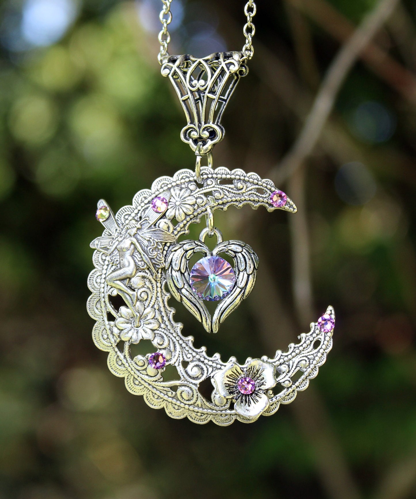 Magical  Sterling Silver Vintage Fairy on Crescent Moon necklace with  a heart and Swarovski crystals.  Fantasy jewelry lover gift.