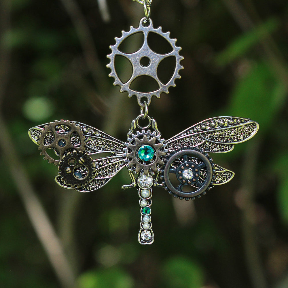Steampunk Dragonfly necklace with blue Swarovski crystals Steampunk j
