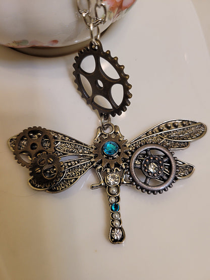 Steampunk Dragonfly necklace with blue Swarovski crystals, Steampunk jewlery