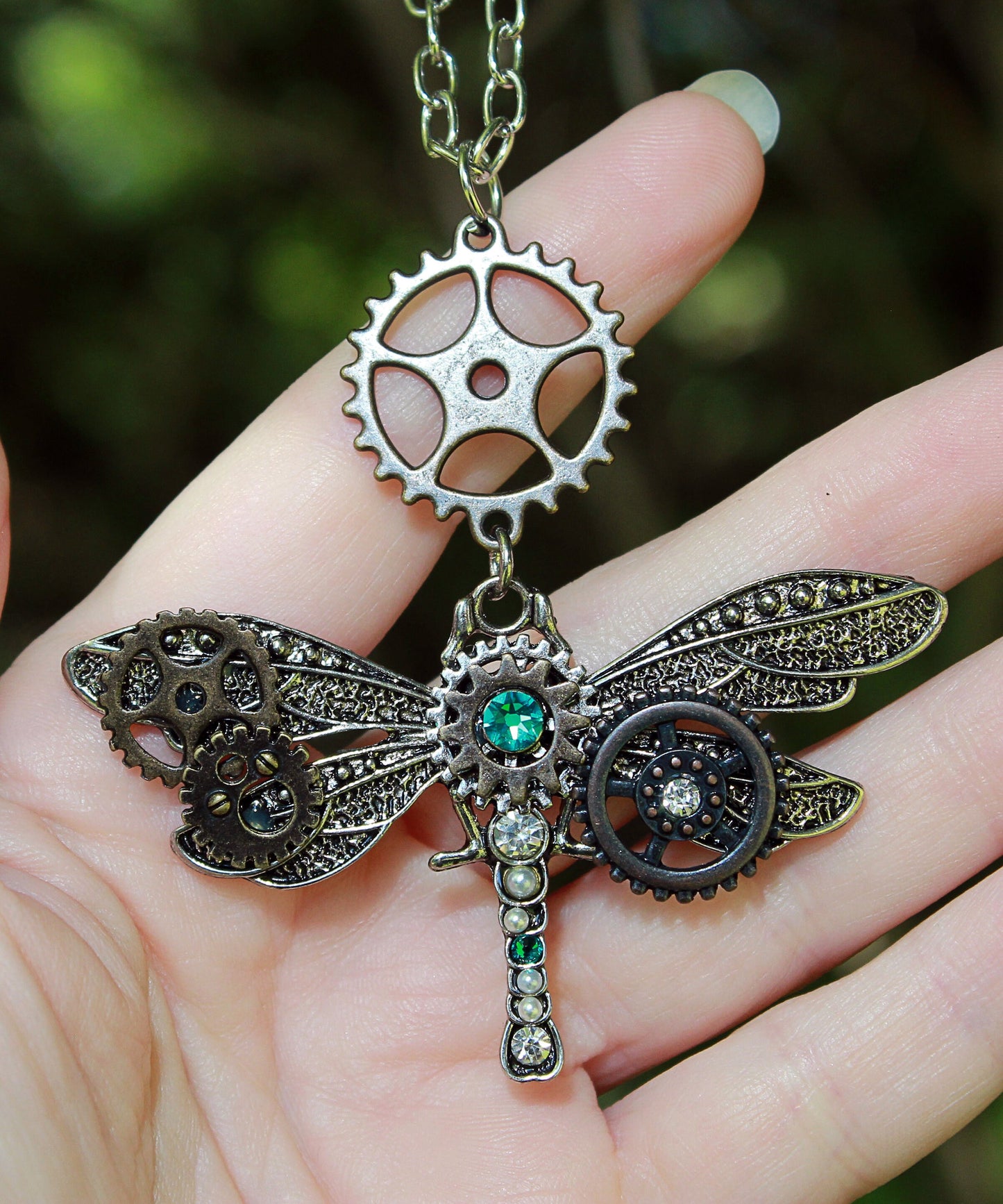 Steampunk Dragonfly necklace with blue Swarovski crystals, Steampunk jewlery