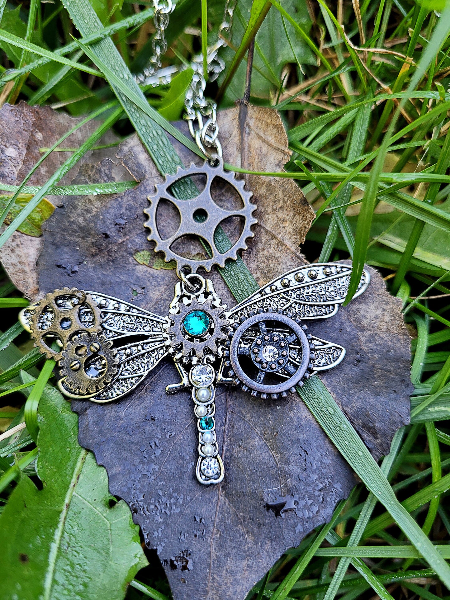 Steampunk Dragonfly necklace with blue Swarovski crystals, Steampunk jewlery