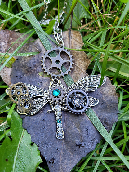 Steampunk Dragonfly necklace with blue Swarovski crystals, Steampunk jewlery