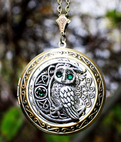 Owl on moon locket necklace with emerald Swarovski rhinestones.  Owl jewelry.