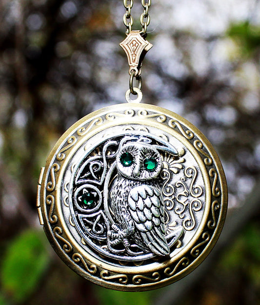 Owl on moon locket necklace with emerald Swarovski rhinestones.  Owl jewelry.