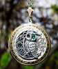Owl on moon locket necklace with emerald Swarovski rhinestones.  Owl jewelry.
