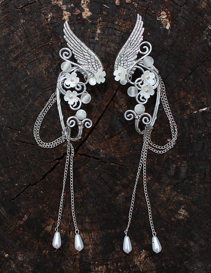 Elf fantasy ear cuffs with flowers and shoulder-length chains.  Elven jewelry.