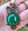 Bronze Owl Necklace with Natural Malachite Stone.  Owl jewelry gift!