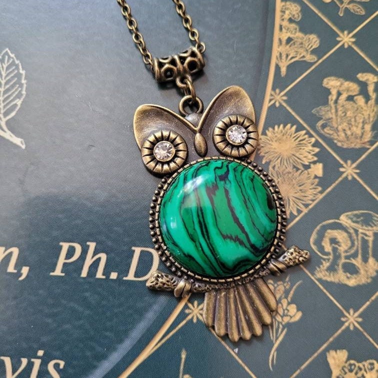 Bronze Owl Necklace with Natural Malachite Stone.  Owl jewelry gift!