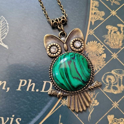 Bronze Owl Necklace with Natural Malachite Stone.  Owl jewelry gift!