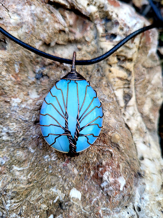 Synthetic Opal Tree of Life Wrapped Stone Necklace, Hippie Jewelry, Wire Wrapped Jewelry, Moonstone