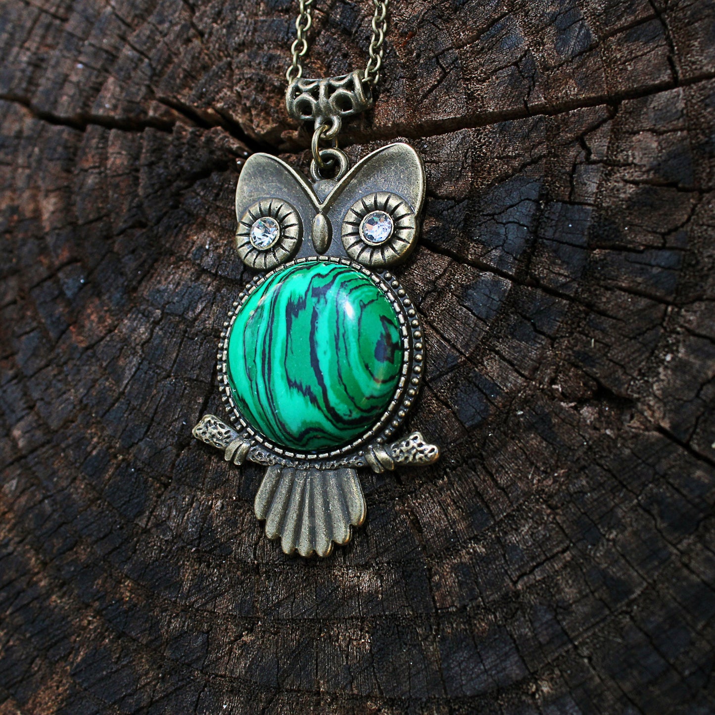 Bronze Owl Necklace with Natural Malachite Stone.  Owl jewelry gift!