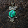 Bronze Owl Necklace with Natural Malachite Stone.  Owl jewelry gift!