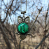 Bronze Owl Necklace with Natural Malachite Stone.  Owl jewelry gift!