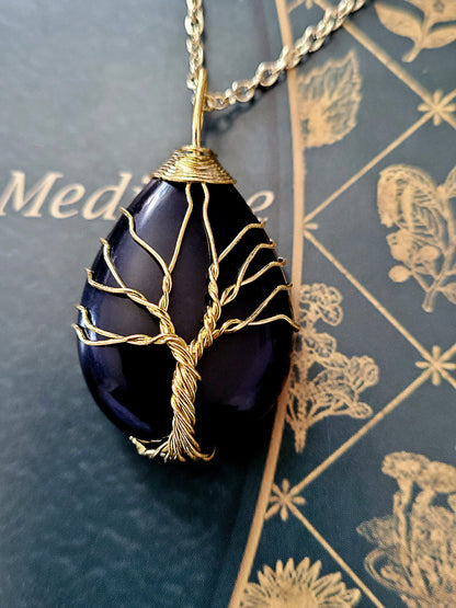 Natural Black Obsidian Tree of Life Wire Wrapped Stone Necklace, Wire Wrap jewelry, Hippie Jewelry, Healing Stone Jewelry