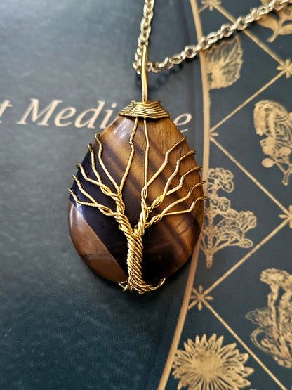 Natural Tiger's Eye Tree of Life Wire Wrapped Stone Necklace, Hippie Jewelry, Healing Stone Jewelry, Tiger Eye Jewelry, Chakra Jewelry