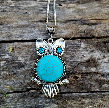 Silver Owl Pendant Necklace with natural Turquoise stone.  Owl jewelry gift.
