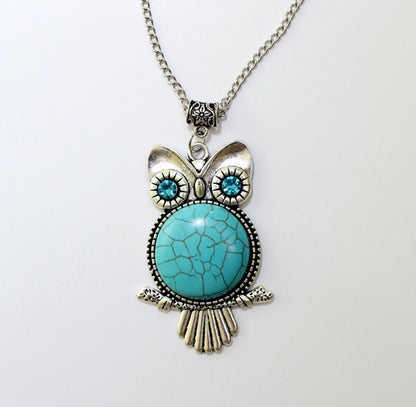 Silver Owl Pendant Necklace with natural Turquoise stone.  Owl jewelry gift.