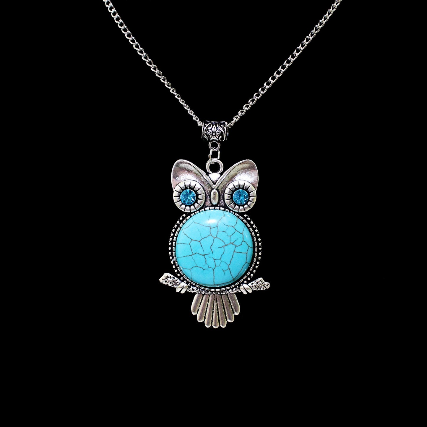 Silver Owl Pendant Necklace with natural Turquoise stone.  Owl jewelry gift.