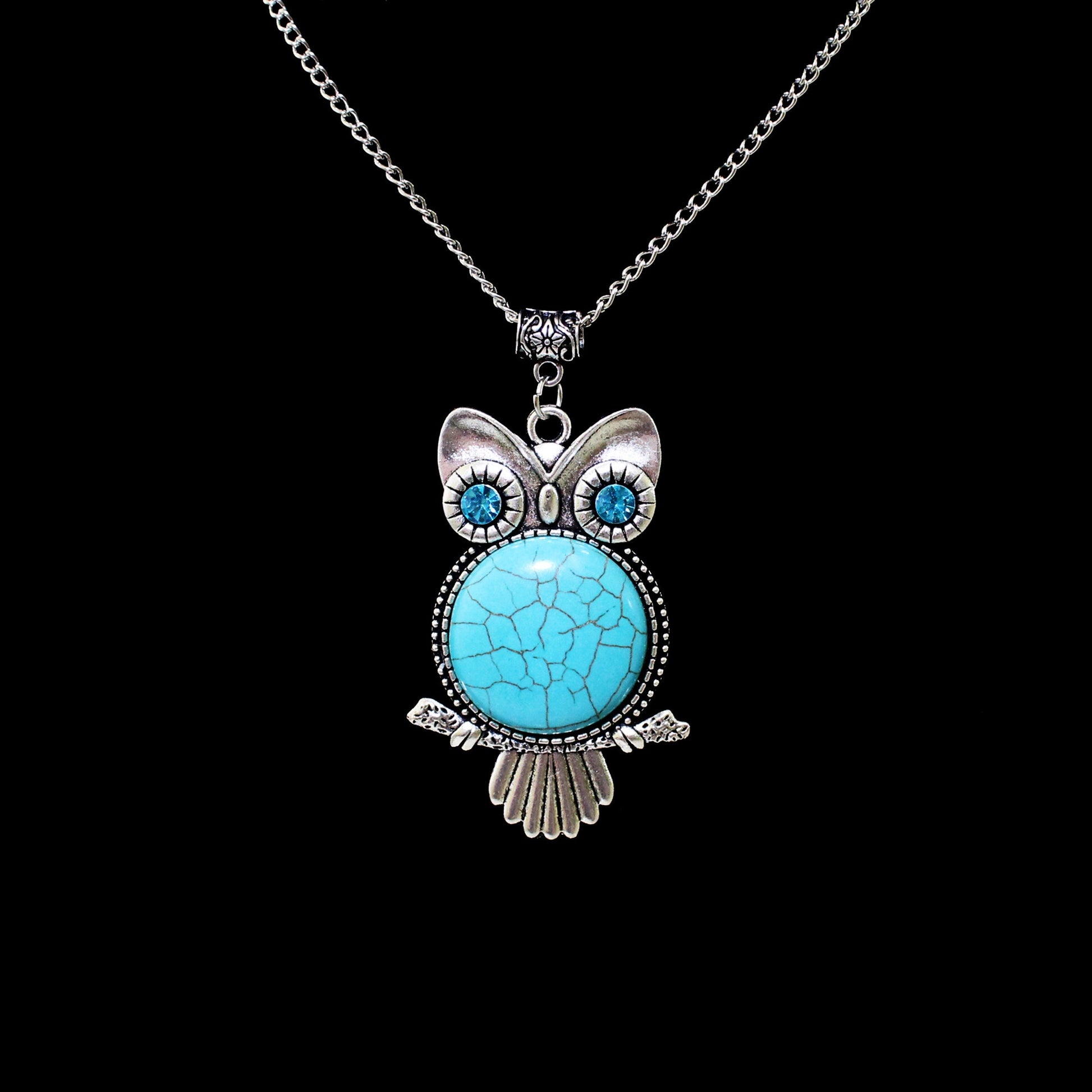 Silver Owl Pendant Necklace with natural Turquoise stone.  Owl jewelry gift.