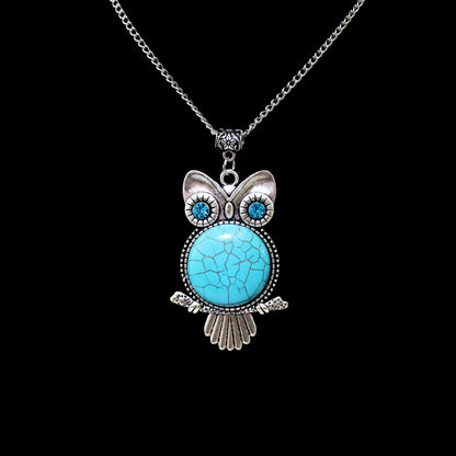 Silver Owl Pendant Necklace with natural Turquoise stone.  Owl jewelry gift.