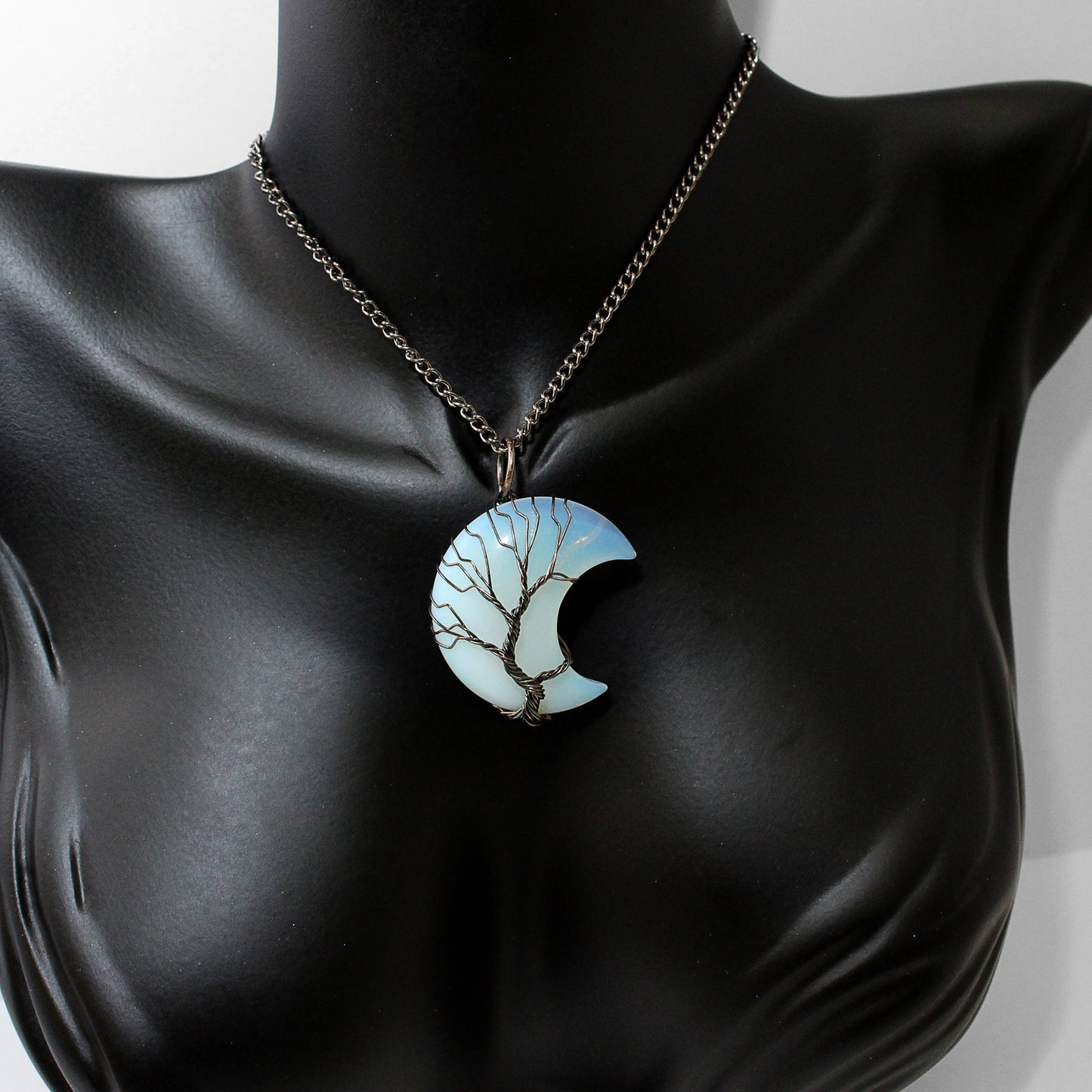 Mystical Wire Wrapped Blue Crescent Moon Stone Necklace, Hippie Jewelry, Tree of Life Jewelry, Celestial Jewelry, Moon Jewelry