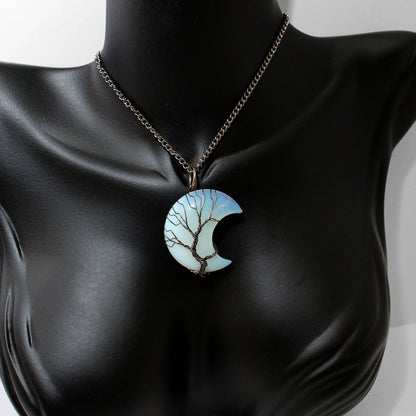 Mystical Wire Wrapped Blue Crescent Moon Stone Necklace, Hippie Jewelry, Tree of Life Jewelry, Celestial Jewelry, Moon Jewelry