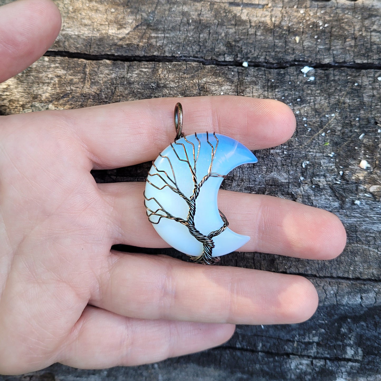 Mystical Wire Wrapped Blue Crescent Moon Stone Necklace, Hippie Jewelry, Tree of Life Jewelry, Celestial Jewelry, Moon Jewelry
