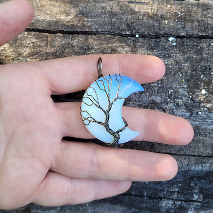 Mystical Wire Wrapped Blue Crescent Moon Stone Necklace, Hippie Jewelry, Tree of Life Jewelry, Celestial Jewelry, Moon Jewelry