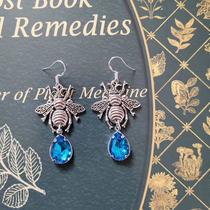 Bumblebee dangle earrings in gold and silver with Emerald and Turquoise Crystals, Bumblebee jewelry, Nature Jewelry, Hippie Jewelry