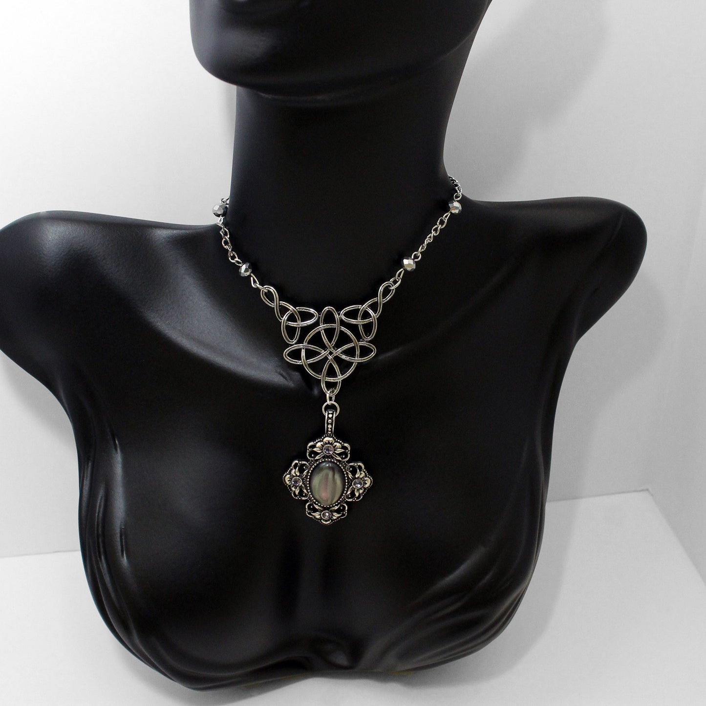 Unique Silver Celtic Styled Gothic Necklace with Mystic Stone and purple crystals